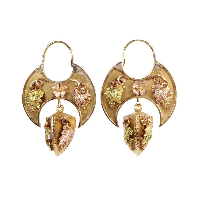 Pair of three-colour gold crescent panel pendant earrings | MasterArt